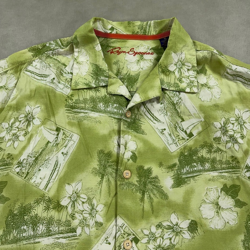 Reyn Spooner Shirt Mens Medium Green Hawaiian Floral Print Tencel Rayon Aloha